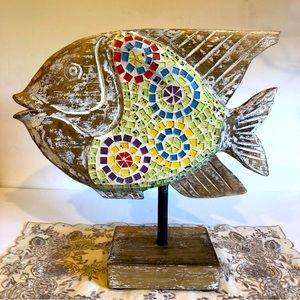 Sculptured Wooden Fish on Pedestal Art Deco Colorful Sparkle mosaic